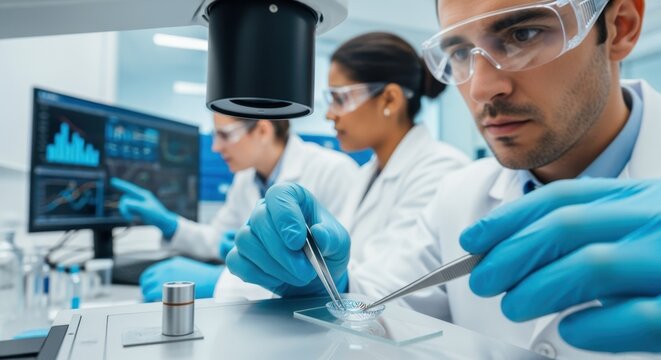 Scientists wearing protective gear analyzing the uniformity of microbattery coatings on wearable smart contact lenses close to a microscope.
