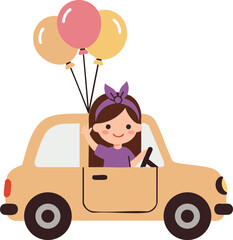 Naklejka premium Girl driving beige car with colorful balloons happy playful vector illustration 