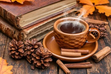 Fototapeta premium On the wooden table, a peaceful atmosphere is created with a steaming cup of tea, surrounded by the warmth of cinnamon sticks and a soft napkin