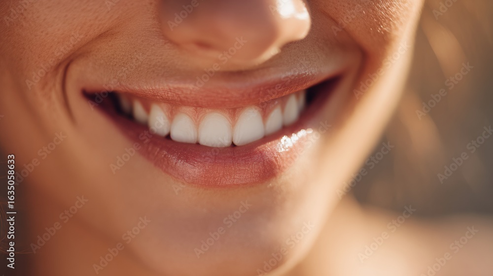 Poster smiling woman with glowing complexion in a soft focus background perfect for adding text