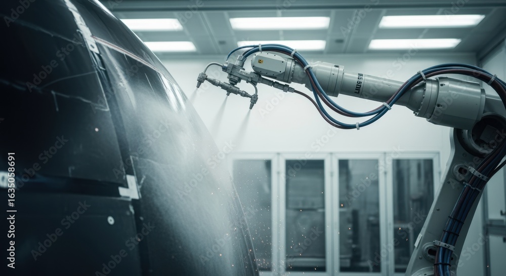 Aufkleber closeup of robotic arm precisely spraying ablative heatshield material on reentry vehicle surface in