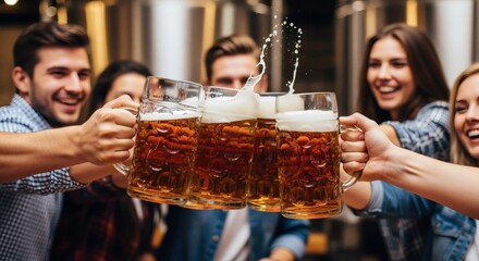 Cheering beer drinks toast alcohol friends party celebration happy together group bar pub brewery mugs