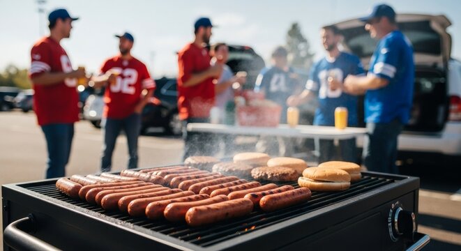 Tailgate grilling party with friends and family enjoying hotdogs burgers and drinks before the big game day