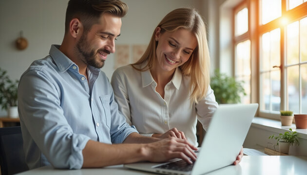 Young couple working together on laptop at home with natural light   - Powered by Adobe