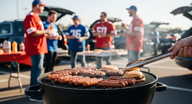 Tailgate party grill hotdogs burgers grilling football fans food celebration gathering outside event