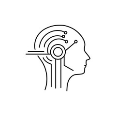 Profile of human head with circular tech elements and lines, linear vector style, representing AI and digital processing.