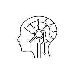 Minimalistic vector icon of a human head with neural network lines, thin black outline, modern AI technology design, isolated on white.