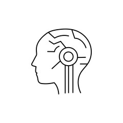 Linear vector profile of human head with inner brain circuits, symbolizing AI thinking process and data processing.