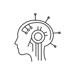 Minimal head profile with neural lines extending outward, clean outline vector, futuristic AI and network concept.