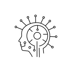 Human head outline with radial circuit lines, representing AI connectivity and futuristic technology, clean vector design.