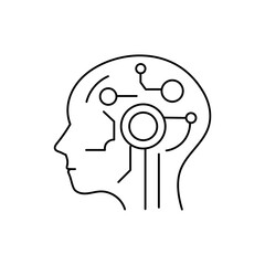 Minimal head profile with connecting neural lines and circuits, clean linear design symbolizing AI technology.