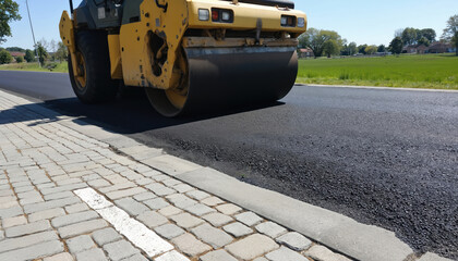 Heavy yellow roller compacts fresh asphalt on new road surface. Construction equipment operates on city street, paving asphalt for progress, development. Infrastructure improvement for urban