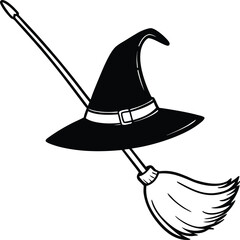 Witch Hat With Broom Line