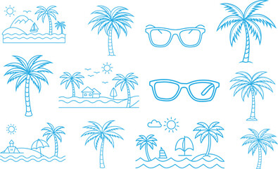 Obraz premium summer vacation doodle style set. Vector ink hand drawn coastal sea or beach leisure and surf activities print elements. Sea weekend rest collection for invitations to beach party, picnic