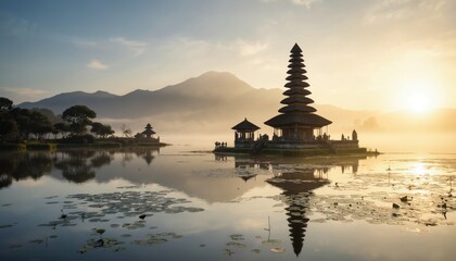 Majestic Balinese Pura temple complex on tranquil lake at sunrise. Traditional Hindu architecture reflects in calm water, mist-shrouded mountains in background. Cultural heritage, spiritual