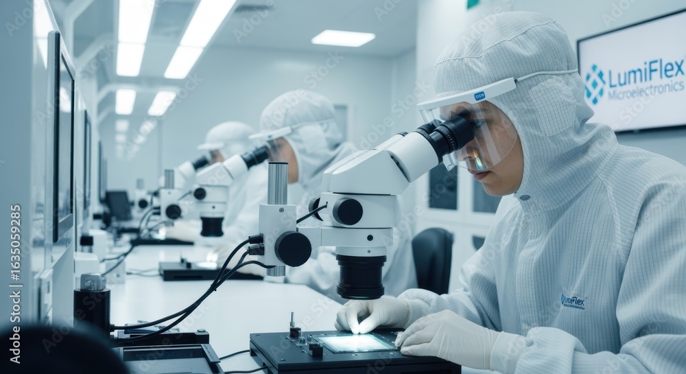 Poster technicians in protective suits adjusting microled wafer alignment using optical microscopes in a sp