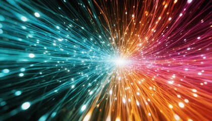 Abstract visualization of colorful fiber optics emitting light streaks. Blue to pink gradient. Represents data transfer, speed, and technology innovation.