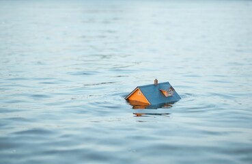 Miniature house submerged in water. Represents flooding, climate change impact, natural disaster consequences. Environmental crisis, housing vulnerability, property risk. Concept for climate action,