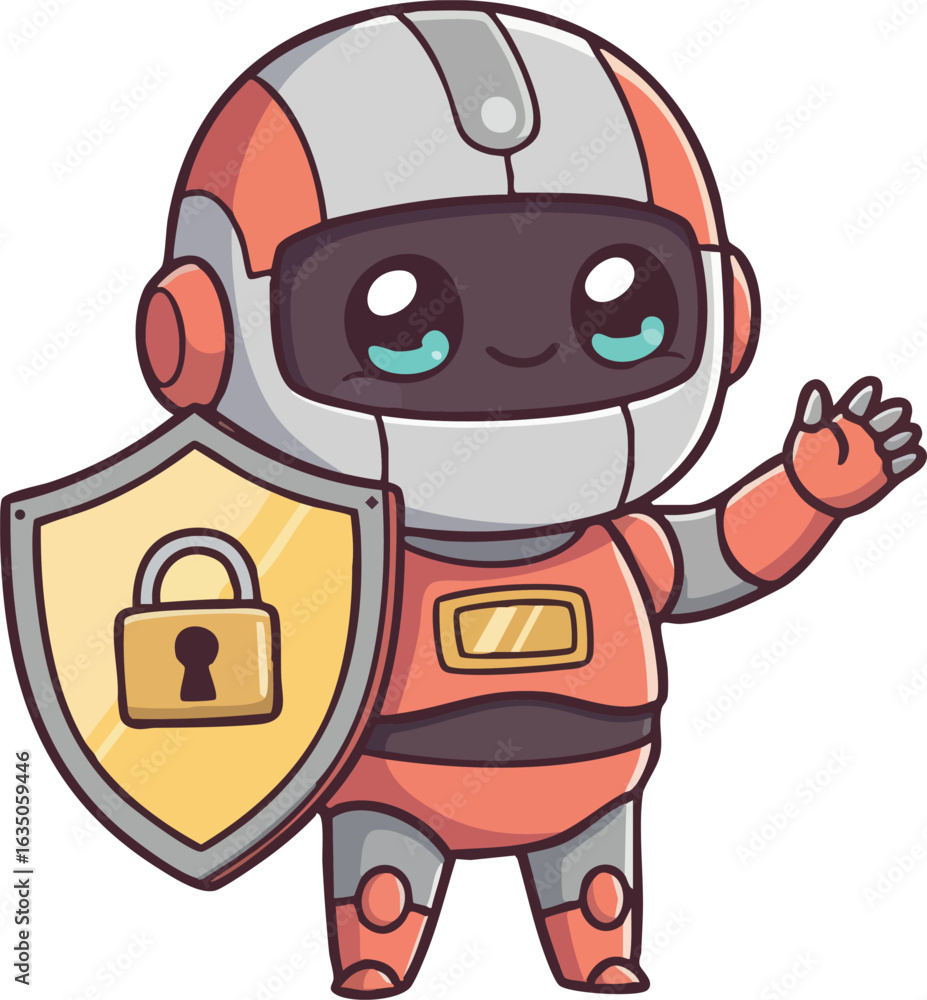 Poster Cute robot character holding shield with lock symbol representing digital security and protection concepts in vector style 