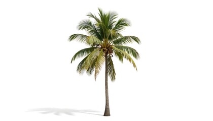 Obraz premium Single coconut palm tree with green leaves isolated on white background. Tall slender trunk, tropical plant represents summer vacation, exotic island travel, paradise beach locations. Natural beauty.