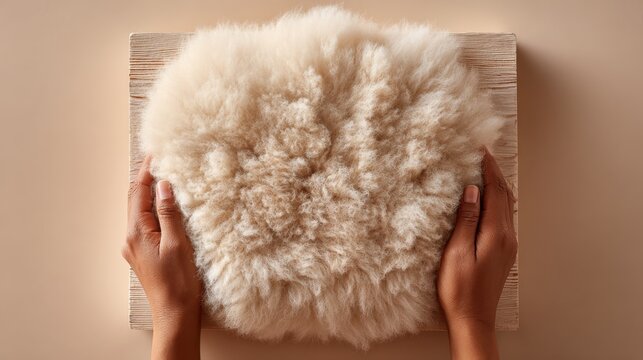 Offering a reindeer-hide rug sample with soft underfur on a wooden platform