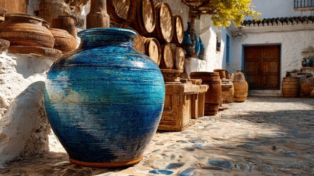 Ceramic demijohn barrel in Jerez de la Frontera with traditional oak casks