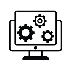 Computer monitor with a gear icon simple black outline on white background