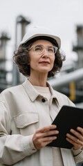 Mature caucasian female engineer wearing hard hat at industrial site reviewing plans