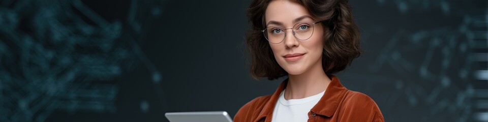 Obraz premium Confident young caucasian female expert analyzing data with tablet