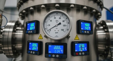 Closeup of pressure gauge and digital readouts on ultrahighpressure chamber used for experimental diamond manufacturing processes.