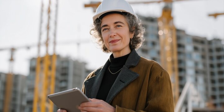 Confident mature female caucasian engineer with tablet at construction site