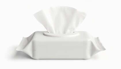 Mockup, white wet wipes packaging symbolizing hygiene and personal care on white background.