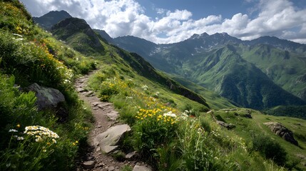 Hiking trail scenic mountain landscape summer adventure outdoor travel destination alpine meadows wildflowers view