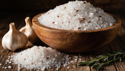 Wooden bowl filled with coarse sea salt. Garlic, rosemary sprigs complement natural, mineral-rich crystals. Ideal gourmet ingredient for culinary arts, cooking, food preparation enhancing flavor.
