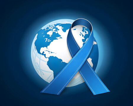 Blue awareness ribbon draped across a glowing blue planet Earth on a dark blue gradient background