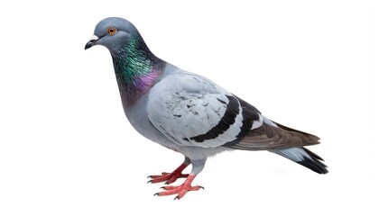 Fototapeta premium Single grey pigeon stands isolated on clean white background, detailed feathers, vibrant iridescent neck. Studio shot provides clear, elegant portrait of common urban bird, solitary nature,