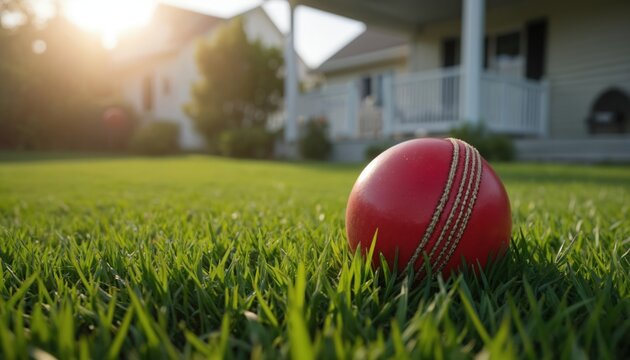 Vibrant red cricket ball rests on rich green grass in tranquil backyard setting. House and trees form background under warm sunlight. This image captures of summer sports and outdoor recreation. - Powered by Adobe