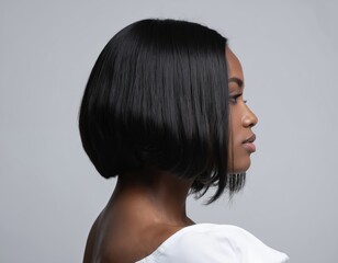 Fototapeta premium Elegant black woman, profile shot, showcases chic bob hairstyle. Dark skin, healthy shiny straight hair. Modern fashion style, confident look, studio portrait with grey background.