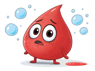 Cartoon red blood cell character with worried expression surrounded by blue bubbles image