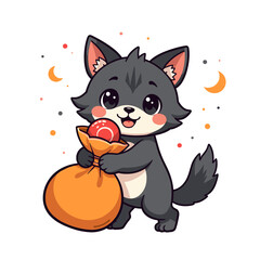 Cute cartoon dog holding a bag of candy, happy mood, playful atmosphere, minimalistic design, copy space
