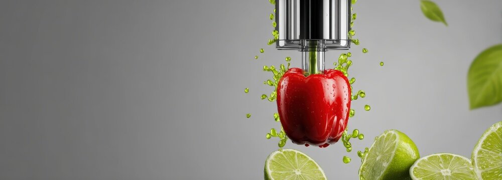 Volumetric red bell pepper prism in cold-press juicer with nutrient-rich lime juice