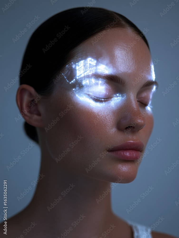 Poster transparent serum drops enhance a glowing forehead with futuristic illumination and open bottom area