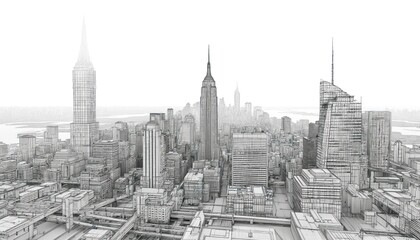 Naklejka premium Wireframe illustration of city skyline featuring skyscrapers, digital infrastructure. Urban landscape shows abstract three-dimensional view of buildings, streets, towers against hazy sky,