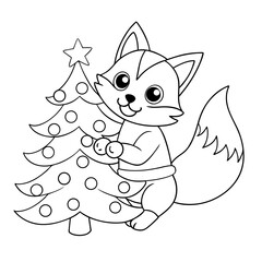 Fototapeta premium printable smiling fox decorating tree outline