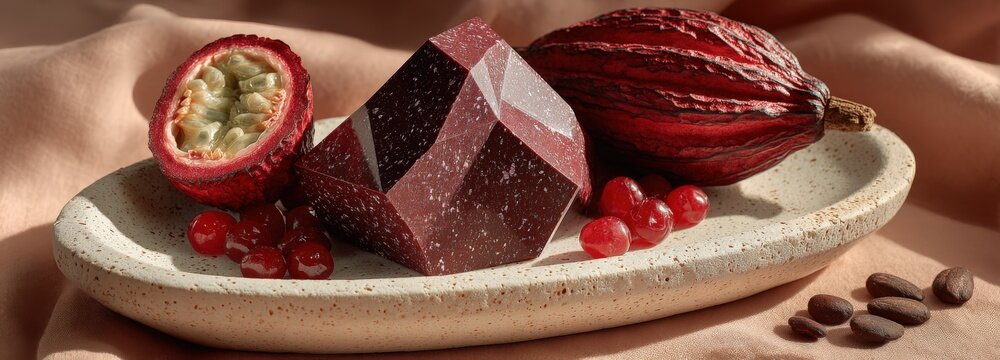 Brutalist-inspired ruby chocolate block with cocoa pod and beans on sand backdrop