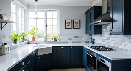 Modern u shaped kitchen with dark blue cabinets white subway tile backsplash and a large window with plants