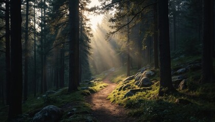 Fototapeta premium Forest trail winds through tall pine trees with morning light streaming through branches creating sunbeams. Path meanders past mossy rocks, inviting hikers into tranquil woodland scene. Green