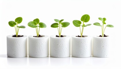 Growing healthy seedlings in white pots indoor gardening nature minimalist close-up plant care