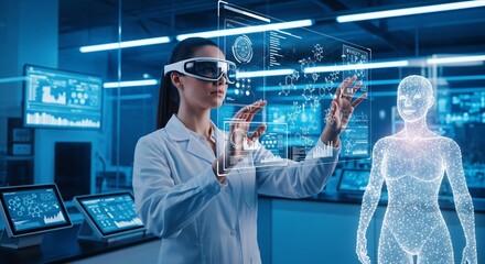 Woman scientist using virtual reality headset for molecular research. Digital data analysis in science lab.