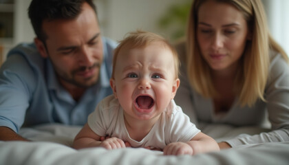 Obraz premium Baby crying while lying on bed with parents looking concerned 